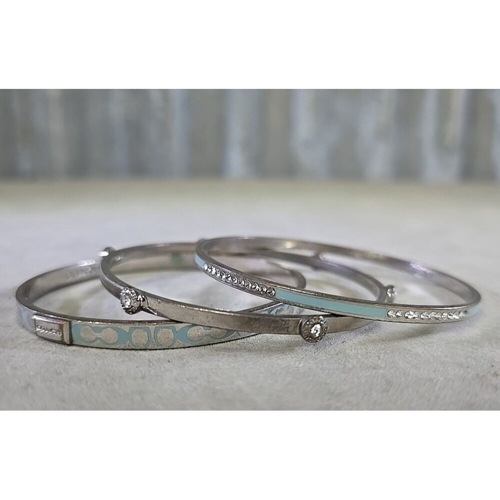 Coach Bangle Bracelet Lot Set 3 Aqua Blue Enamel Signature C Logo Pave Station